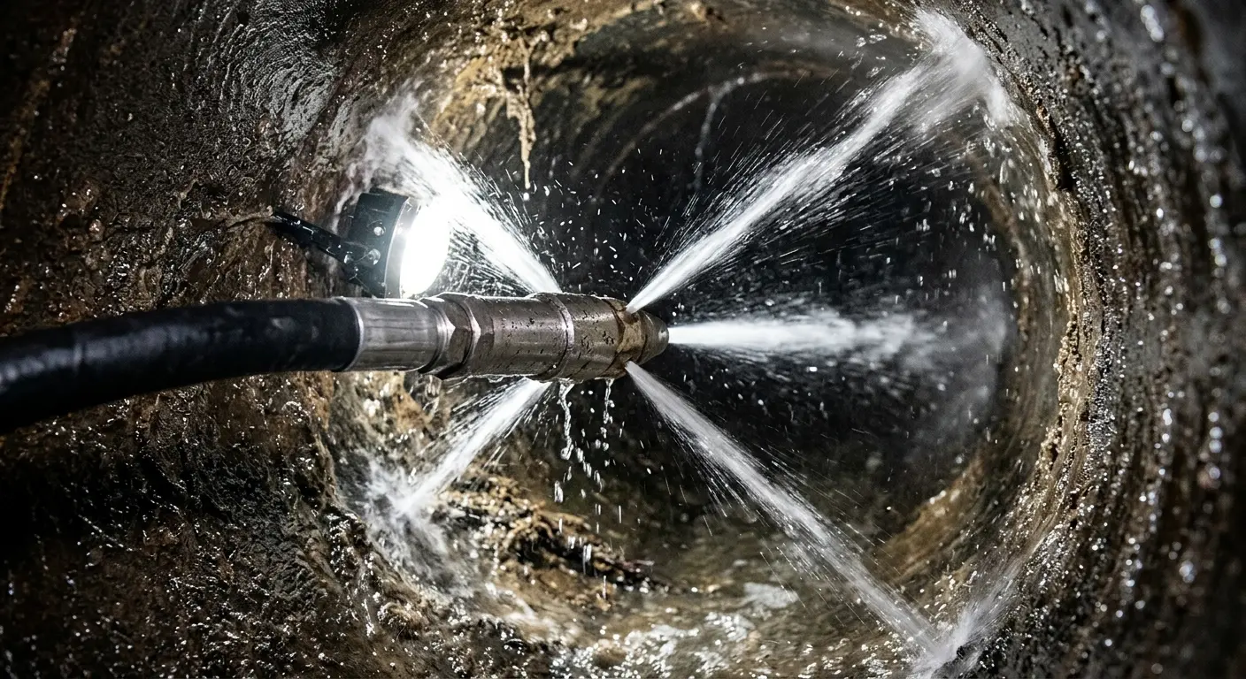 High-pressure hydro jetting nozzle cleaning sewer pipe for Trenchless Sewer Repair in Chino Hills