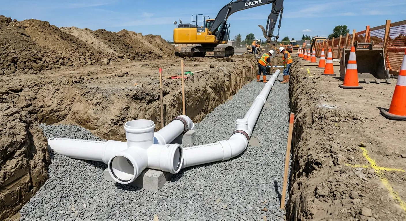 New PVC sewer pipe installation in open trench for Commercial Drain Cleaning in Chino Hills