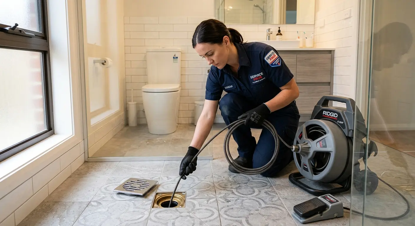 Technician clearing a bathroom floor drain for Clogged Drain Repair in Chino Hills